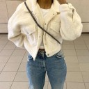 Ladies' Cropped Fleece Button-Up Sweatshirt White Turned Collar and Two Chest Pockets Long Sleeves Polyester and Acrylic Wool 2