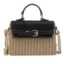 Ladies' Crossbody Bag Made of Woven Straw and PU Leather Small Bag with Handle and Rope Strap Flap with Decorative Buckle 19.5 x 8.5 x 15 1