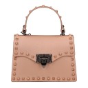 Ladies' crossbody handbag with top handle and decorative studs Metal fastening on the flap Matte synthetic leather Firm rectangular shape 5