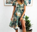 Ladies' Dark Green Dress with Floral Print Wrap V-Neck Short Loose Sleeves Side Tie Asymmetrical Skirt Polyester 2