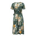 Ladies' Dark Green Dress with Floral Print Wrap V-Neck Short Loose Sleeves Side Tie Asymmetrical Skirt Polyester 3