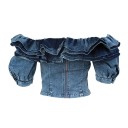 Ladies' Denim Blouse with Multi-layered Ruffle around the Neckline Short Balloon Sleeves Cropped Cut Zip at the Back Distressed Look Cotton 3