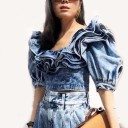 Ladies' Denim Blouse with Multi-layered Ruffle around the Neckline Short Balloon Sleeves Cropped Cut Zip at the Back Distressed Look Cotton 4