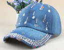 Ladies' denim cap decorated with drop-shaped stones Visor trimmed with sparkling stones Washed appearance Adjustable size 56 to 59 cm 2