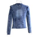 Ladies' Denim Jacket Adorned with Sparkling Stones Fitted Cut Round Neckline without Collar Zips on Sleeves Washed Blue Cotton and Polyester 3