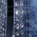 Ladies' Denim Jacket Adorned with Sparkling Stones Fitted Cut Round Neckline without Collar Zips on Sleeves Washed Blue Cotton and Polyester 6