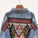 Ladies' Denim Jacket with Colourful Flower and Ornament Embroidery on the Back Lace Trim with Silver Charms Light Blue Cotton 3