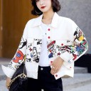 Ladies' Denim Jacket with Colourful Graffiti Print Loose Fit Red Buttons Breast Pockets White Cotton with Polyester and Spandex 2
