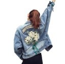 Ladies' Denim Jacket with Floral Appliqué on the Back Ribbons on the Sleeves Decorative Rips Chest Pockets Faded Blue Denim Cotton and Polyester 6
