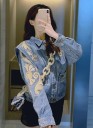 Ladies' Denim Jacket with Large Ornaments on the Shoulders and Sleeves Bold Shoulders Shorter Cut Flap Pockets Button Fastening Cotton 5