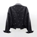 Ladies' Denim Jacket with Pearls Short Cut Black Cotton Denim Classic Collar Breast Pockets with Flaps Button Fastening 2