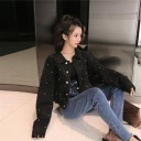 Ladies' Denim Jacket with Pearls Short Cut Black Cotton Denim Classic Collar Breast Pockets with Flaps Button Fastening 3