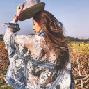 Ladies' Denim Jacket with Translucent Panels and Floral Embroidery Mesh Sleeves and Back Frayed Edges Oversized Fit Polyester and Spandex 3
