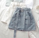 Ladies' Denim Mini Skirt with Belt Large Square Buckle A-line Cut Two Patch Pockets Cotton Denim For Everyday Wear 3