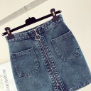 Ladies' Denim Mini Skirt with Full-Length Front Zip Two Large Patch Pockets Ring on Zip Slider Slightly A-Line Cut Blue Polyester 3