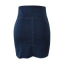 Ladies' Denim Mini Skirt with Lacing High Corset Waist Fitted Pencil Cut Frayed Edges Metal Eyelets Dark Blue Polyester 3