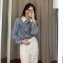 Ladies' Denim Shirt with Lace Collar V-shaped Frill on the Chest Pearl Buttons Long Sleeves with Cuffs Cotton Light Blue 5