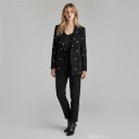 Ladies' Double-Breasted Blazer with Silver Hearts Decorative Applications Pointed Lapels Pockets Polyester and Cotton Black For Work and Parties 6