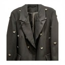 Ladies' Double-Breasted Blazer with Silver Hearts Decorative Applications Pointed Lapels Pockets Polyester and Cotton Black For Work and Parties 9