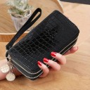 Ladies' Double Wallet with Wrist Strap Two Zip Compartments Glossy PU Leather with Crocodile Pattern Round Metal Charms on Zips 2