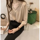 Ladies' Elegant Blouse with V-Neck Three-Quarter Sleeves with Bows at the Ends Looser Fit Fabric with a Subtle Shine Polyester 4