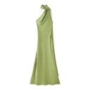 Ladies' Elegant Long Satin Dress without Sleeves with Asymmetrical Neckline and Flowing Scarf at the Back 15