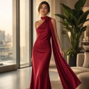 Ladies' Elegant Long Satin Dress without Sleeves with Asymmetrical Neckline and Flowing Scarf at the Back 6