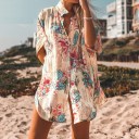 Ladies' Extended Summer Shirt with Floral Print and Fine Stripes Loose Fit Short Sleeves Rounded Hem Polyester Cream 2