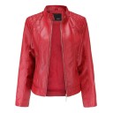 Ladies' Faux Leather Biker Jacket Fitted Cut Stand-Up Collar Quilted Shoulders Zips on Pockets and Sleeves With Lining 1