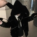 Ladies' Fluffy Faux Fur Jacket with Ears on the Hood Zip Fastening Drawstrings with Plush Pendants Two Front Pockets Loose Fit 1
