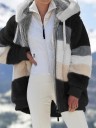 Ladies' Fluffy Jacket with Hood and Horizontal Coloured Stripes Loose Longer Fit Zip Fastening Ribbed Cuffs Polyester and Cotton 2