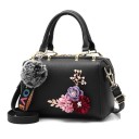Ladies' Handbag for Hand or Shoulder Carry with Decorative 3D Flowers and a Fluffy Pom-Pom Artificial Leather Strap with Inscription 1