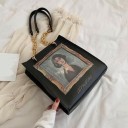 Ladies' Handbag Made of Artificial Leather with a Print of a Painting in a Decorative Frame Two Handles with a Gold Chain Black Rectangular Shape 3