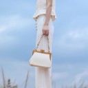 Ladies' Handbag with Wooden Look Frame Artificial Leather Chunky Chain Handle Rotating Closure Shoulder Strap 24 x 18 x 10 cm 8
