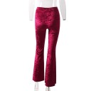 Ladies' High-Waisted Flared Stretch Trousers Velvet Appearance with Subtly Crumpled Texture Stretch Fabric Polyester and Spandex 4