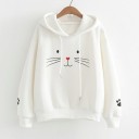 Ladies' Hoodie with Cat Face Print Paws on the Sleeves Adjustable Drawstring Ribbed Cuffs and Hem Long Sleeves Polyester 1