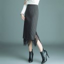 Ladies' Knitted Midi Skirt with Straight Cut, Ribbed Pattern, and Lace at the Lower Hem Slit Wide Waistband Cotton with Polyester and Acrylic 2