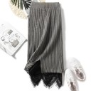 Ladies' Knitted Midi Skirt with Straight Cut, Ribbed Pattern, and Lace at the Lower Hem Slit Wide Waistband Cotton with Polyester and Acrylic 4