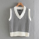 Ladies' Knitted Oversized Sleeveless Vest Black and White Houndstooth Pattern V-neck Cream Ribbed Trims Cotton and Polyester 1