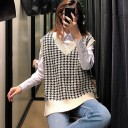 Ladies' Knitted Oversized Sleeveless Vest Black and White Houndstooth Pattern V-neck Cream Ribbed Trims Cotton and Polyester 6