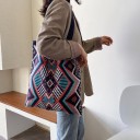 Ladies' knitted shoulder bag in ethnic style Geometric pattern of diamonds Long handles Ribbed top edge Material wool 35 x 38 cm 6