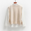 Ladies' Knitted Vest with Cable Knit Pattern V-neck Sleeveless Shorter Length Side Slits Ribbed Hems Polyester and Cotton 9