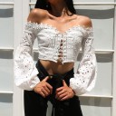 Ladies' Lace Blouse with Exposed Shoulders Front Lacing Long Balloon Sleeves Made of Embroidered Fabric Short Cut Above the Waist Cotton 6