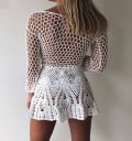 Ladies' Lace Mini Skirt with Crocheted Pattern A-Line Cut Waist with Circular Ornaments Wavy Hem Cotton and Polyester 10