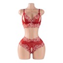 Ladies' Lace Set with Floral Pattern Open Bra with Cut-Outs and Bows and Sheer Knickers with Open Crotch 1
