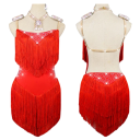 Ladies' Latin American Dance Dress with Fringes and Rhinestones with Open Back and Thin Straps for Competitions and Dance Performances 3