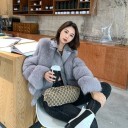 Ladies' Leather Jacket with Fox Fur Short Winter Biker Jacket with Fur Sleeves and Wide Lapels Zip Fastening and Buckle Belt 9