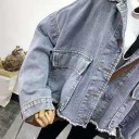 Ladies' Light Blue Short Oversized Denim Jacket Dropped Shoulders Large Flap Pockets Frayed Hem Metal Buttons Polyester 3