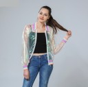 Ladies' Lightweight Translucent Bomber Jacket with Pearlescent Rainbow Sheen Zip Fastening Pastel Striped Ribbed Collar Cuffs and Hem Polyester 2