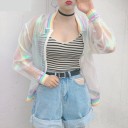 Ladies' Lightweight Translucent Bomber Jacket with Pearlescent Rainbow Sheen Zip Fastening Pastel Striped Ribbed Collar Cuffs and Hem Polyester 7